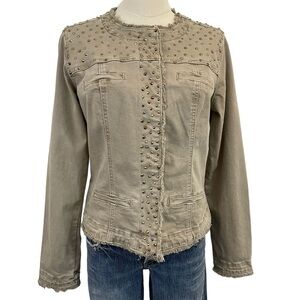 Melanie Lyne Studded Denim Jacket Womens 6 Light Brown Distressed Rhinestones